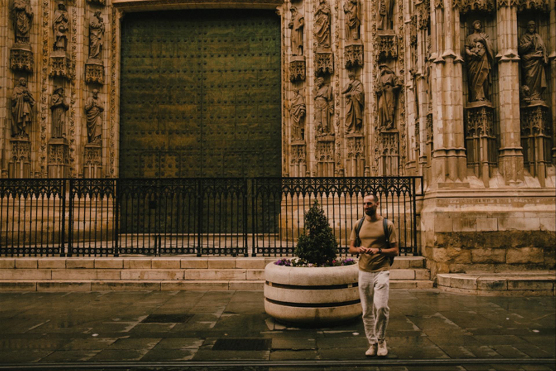 Clayton in front of the cathedral.